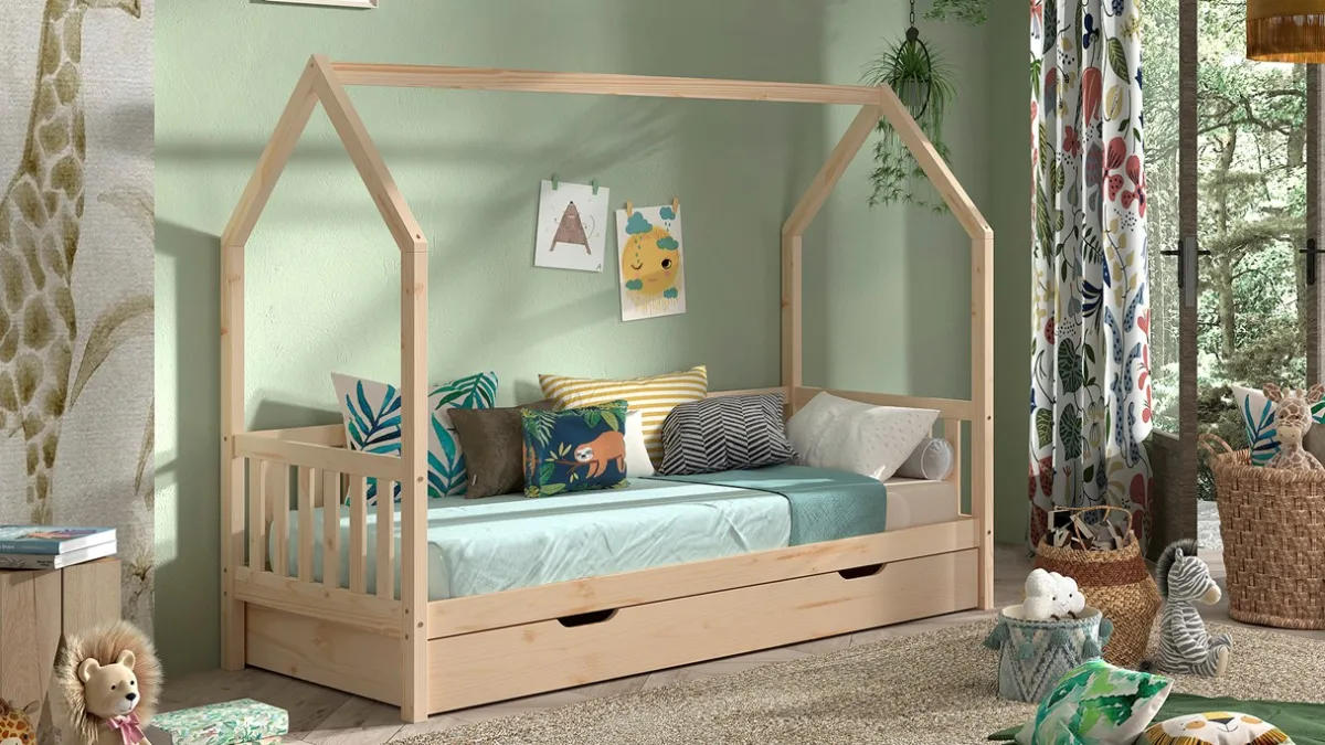 Clearance Vipack Bed Cabane met hekje en slaaplade naturel
