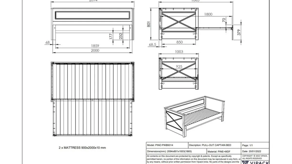 Best Vipack Bed paneel uitschuifbaar Pino wit