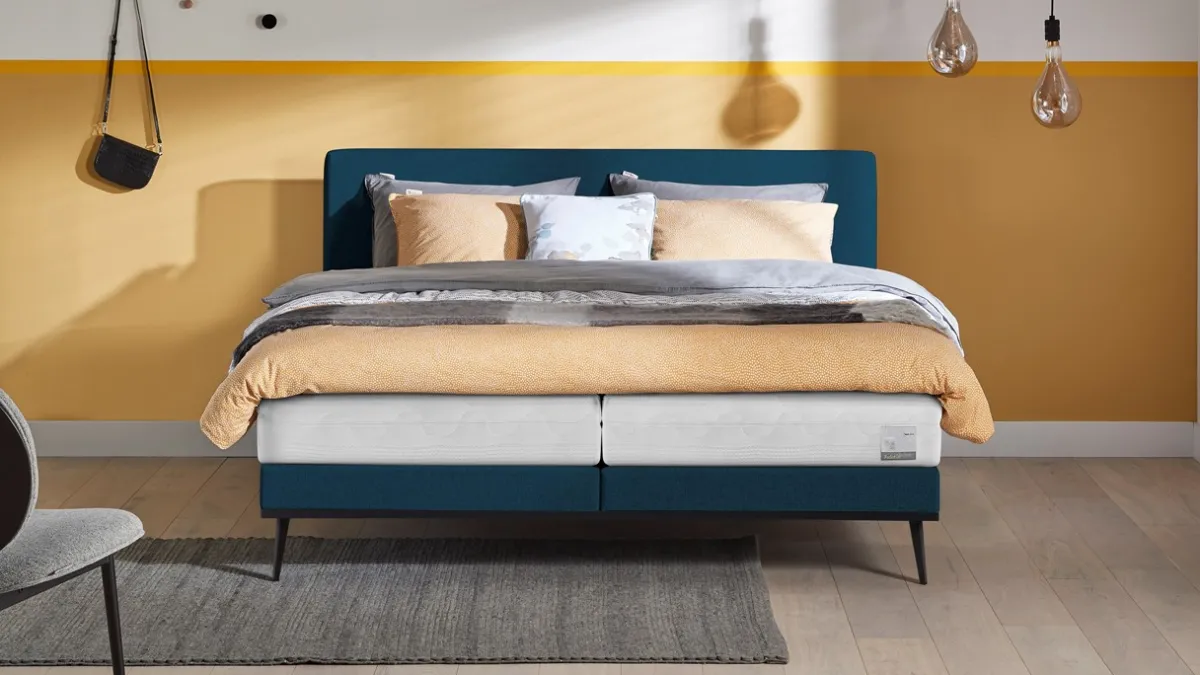 New B Bright Boxspring Viggo met Silver Pocket Deluxe Foam matras oaklandblauw
