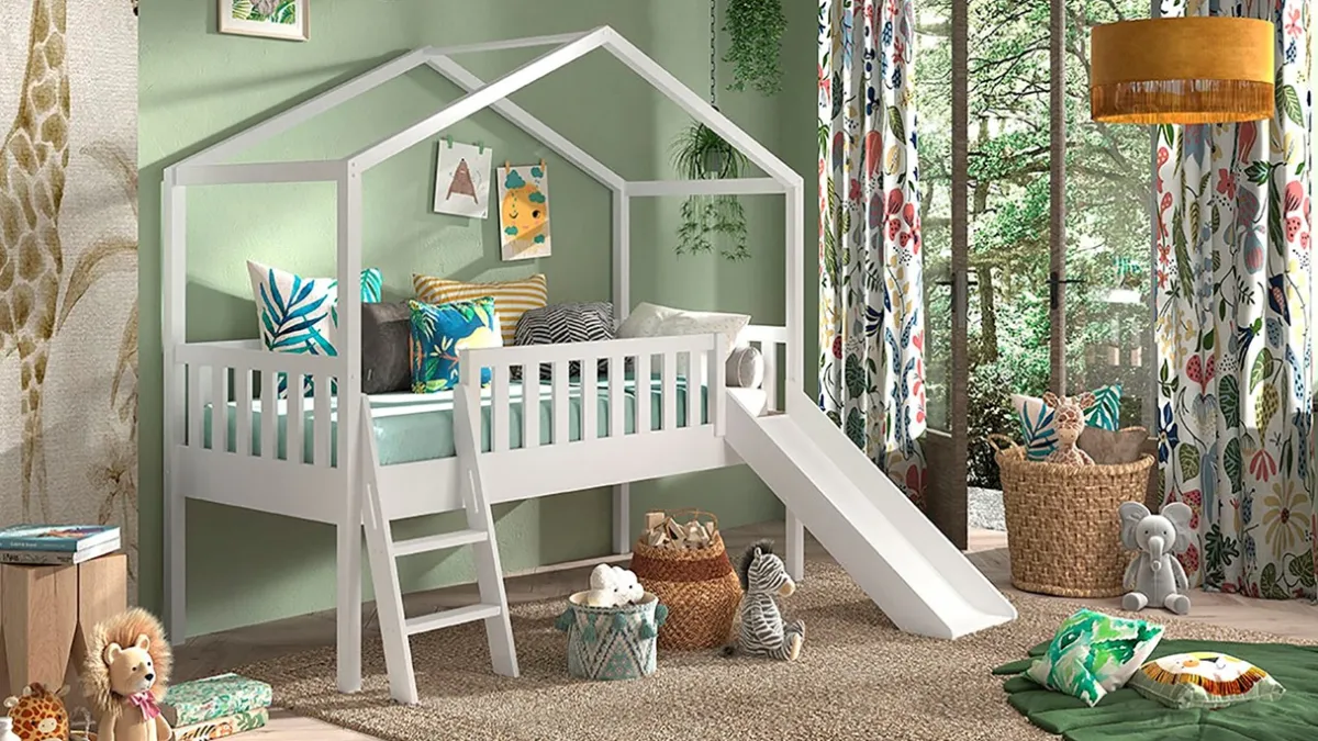 Discount Vipack Halfhoogslaper Dallas als huis met glijbaan wit