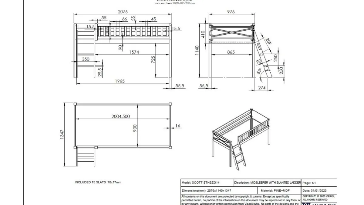 Vipack Halfhoogslaper Scott met bureau, boekenkast en commode wit