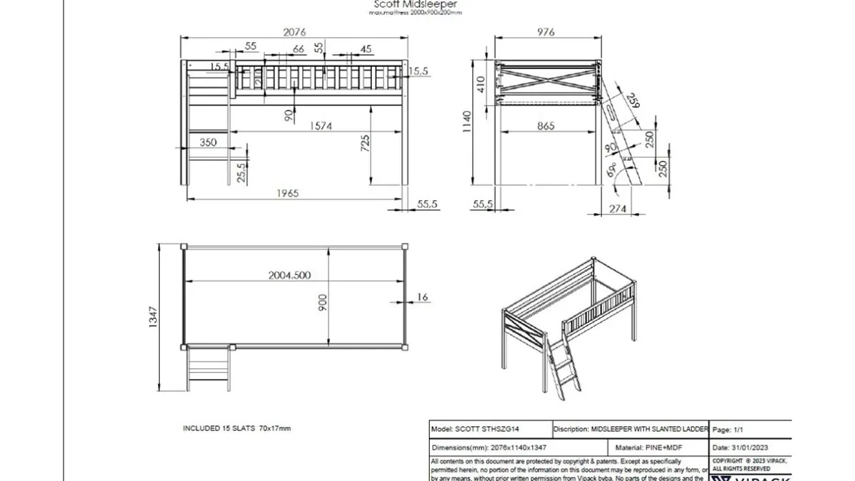 New Vipack Halfhoogslaper Scott met bureau en commode wit